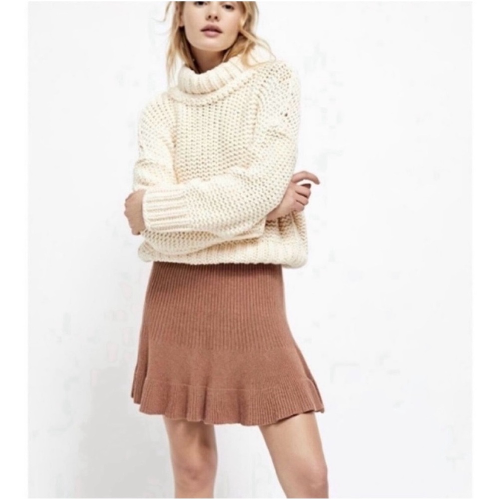 Free People Solid Gold Ribbed Knit Pulll On Sweater Skirt Women Med Brown